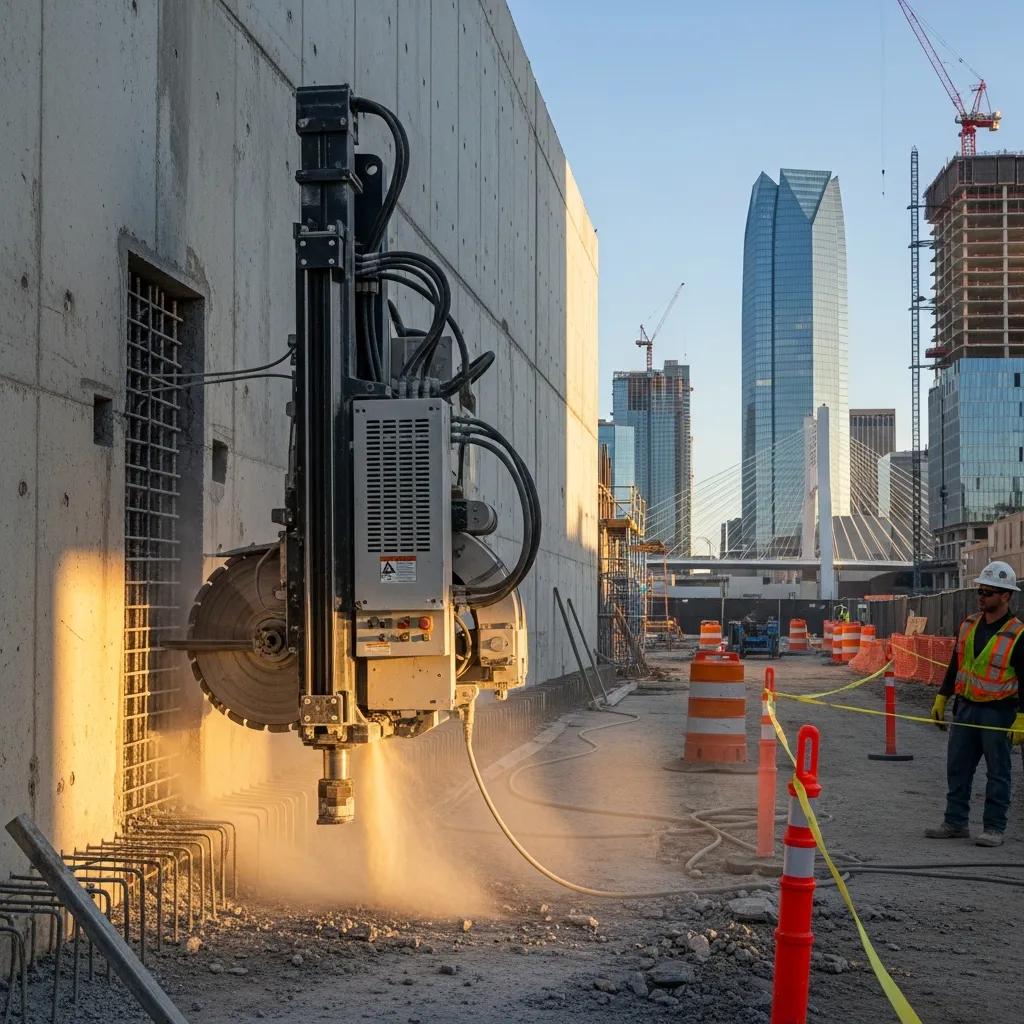 Professional wire sawing machine cutting concrete in Oklahoma City