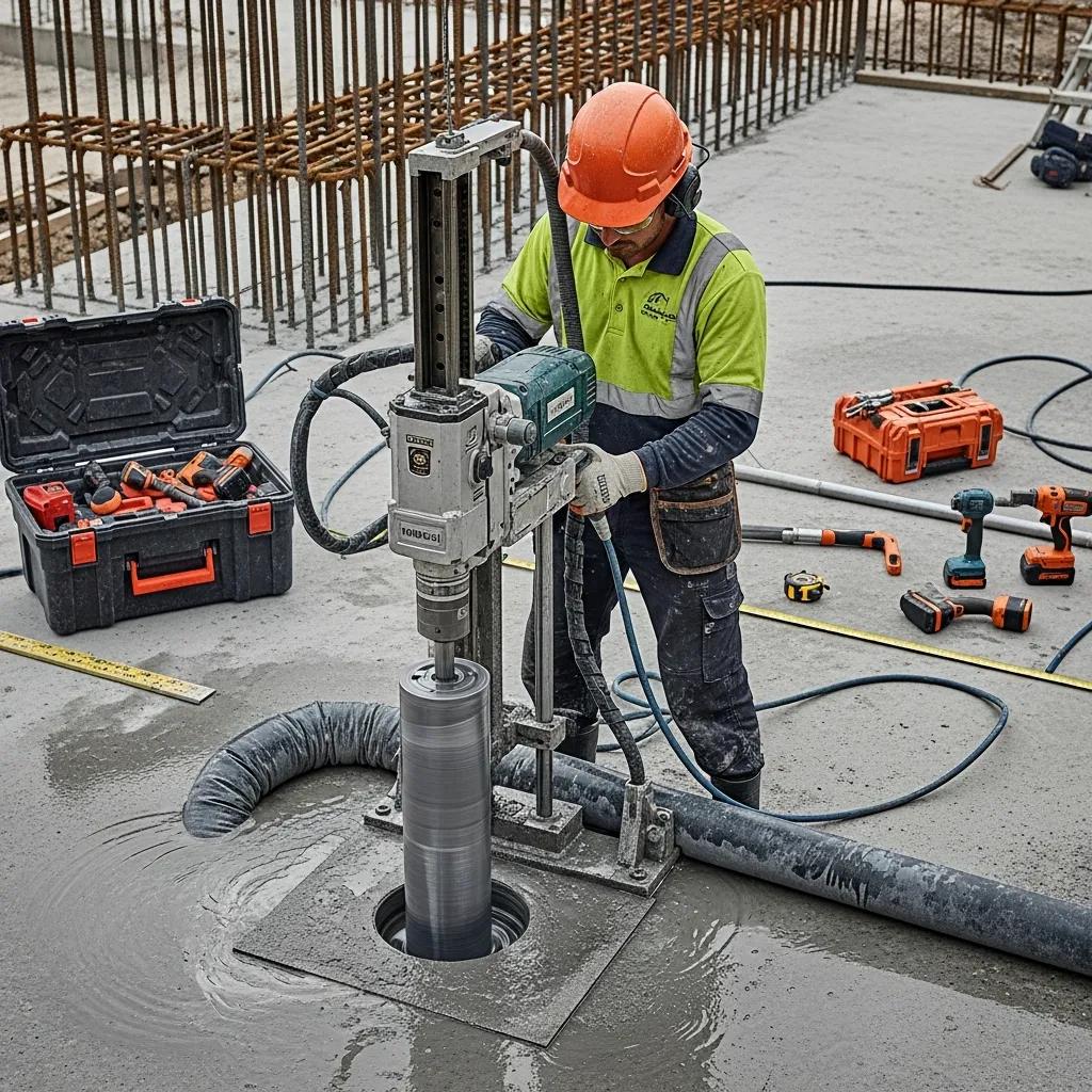 Professional concrete core drilling operation with a worker using a diamond core drill