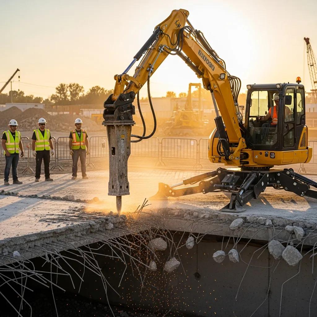 Robotic demolition machine removing concrete at a construction site