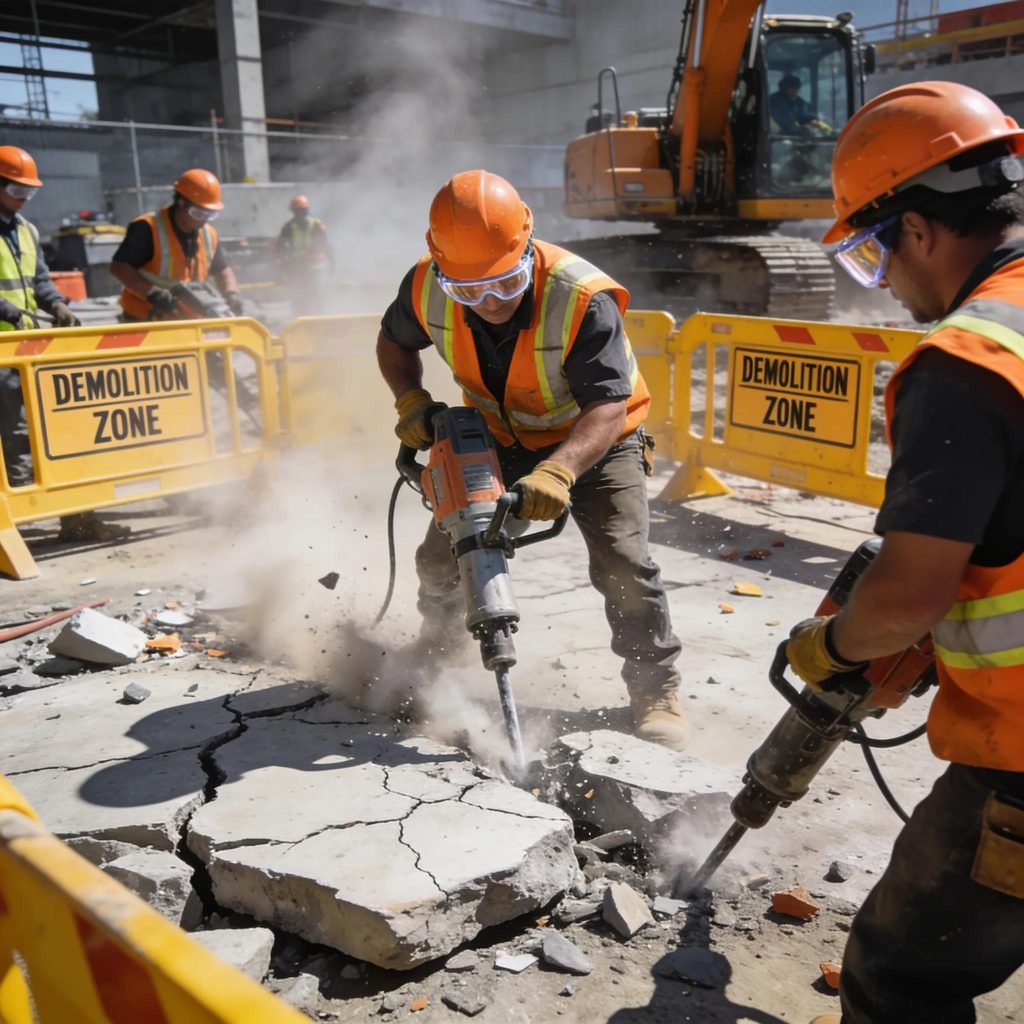 Workers safely using equipment for concrete demolition at a construction site