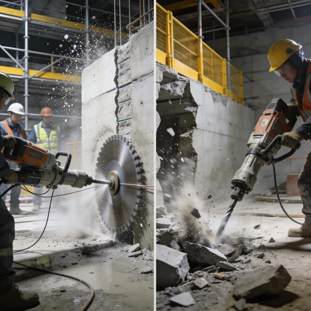 Comparison of controlled demolition techniques and mechanical breaking methods in concrete demolition