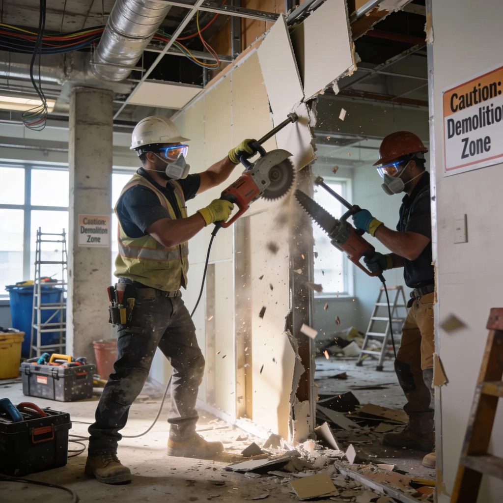 Demolition contractors performing selective interior demolition in a commercial space in Oklahoma City