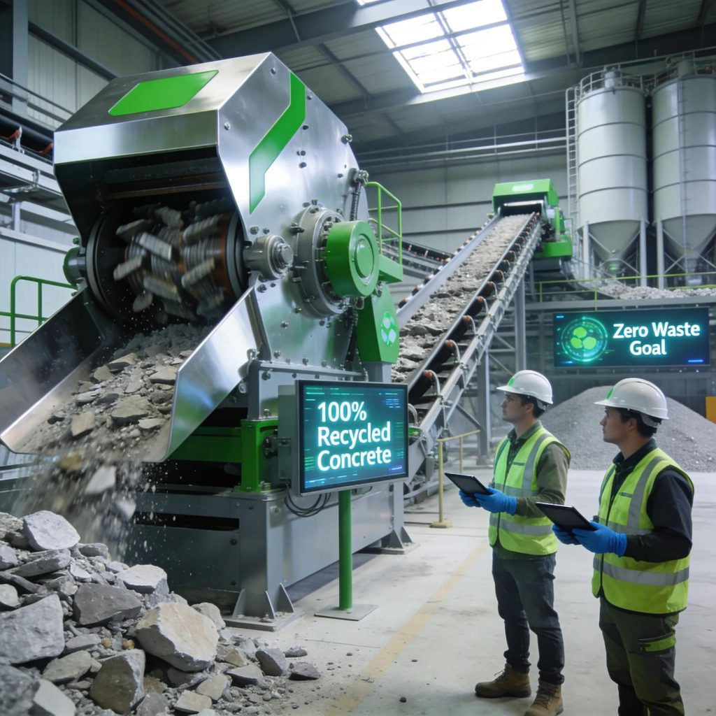 Modern recycling of concrete waste at a processing facility, highlighting eco-friendly practices