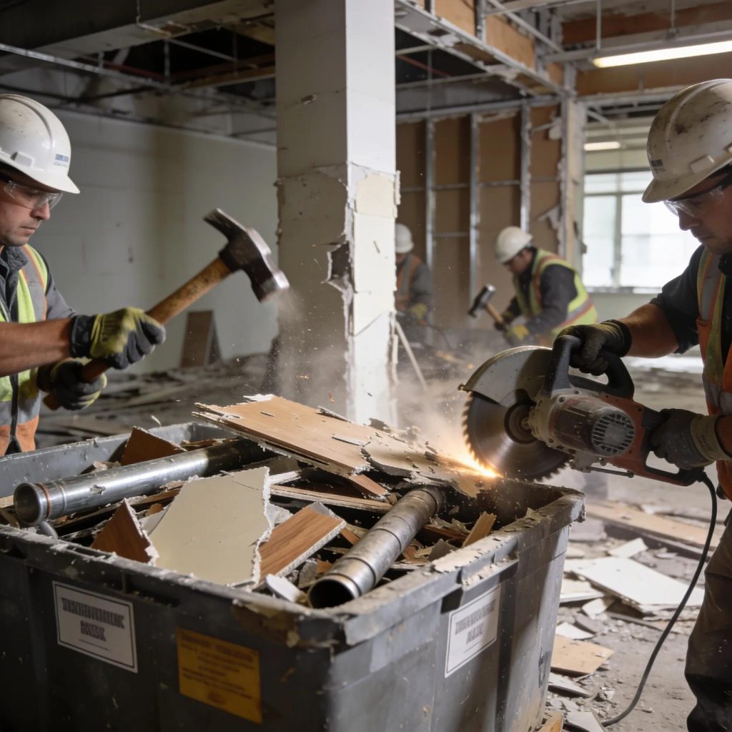 Workers executing interior strip-outs in a commercial building with safety measures in place