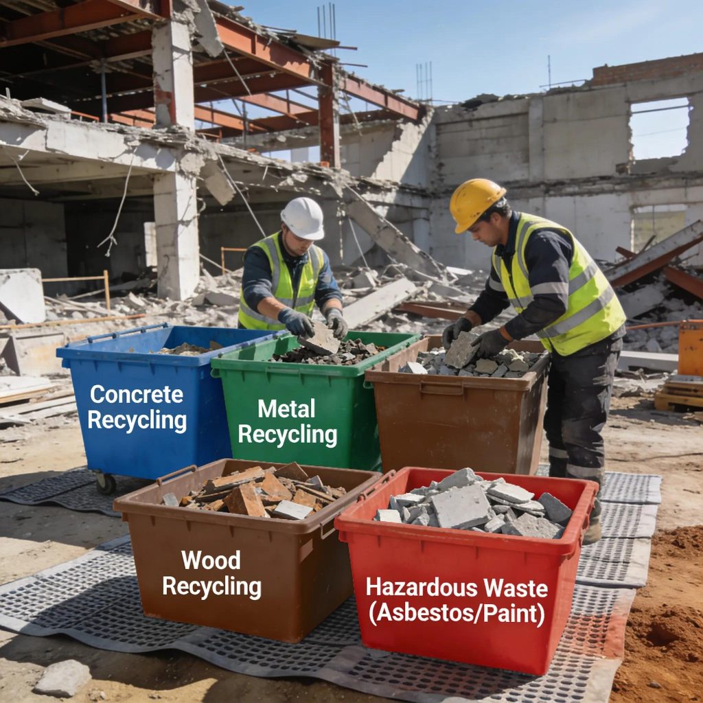 Construction site demonstrating effective waste management and recycling practices during selective demolition