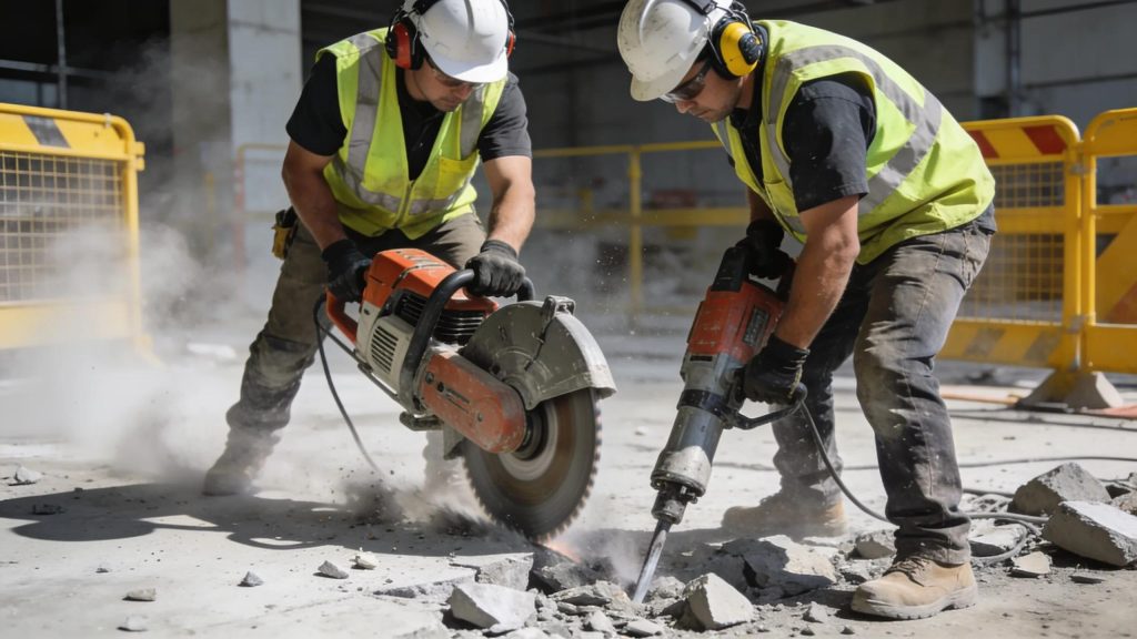 Demolition contractors using specialized equipment for concrete floor demolition in Oklahoma City