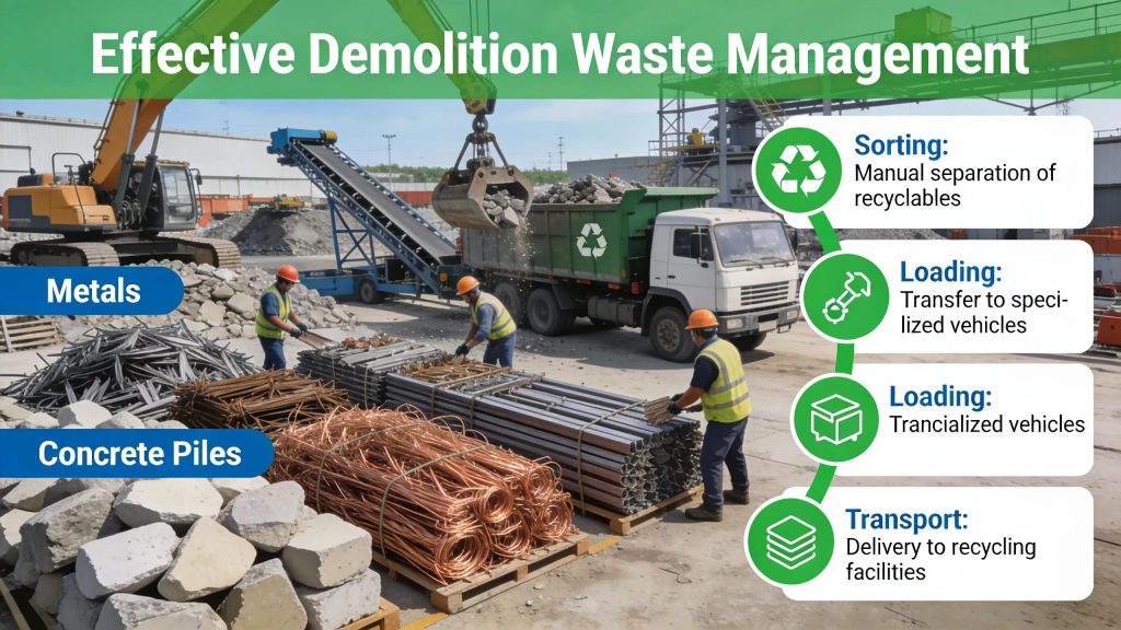 Workers sorting recyclable materials during a selective demolition project, emphasizing responsible waste management