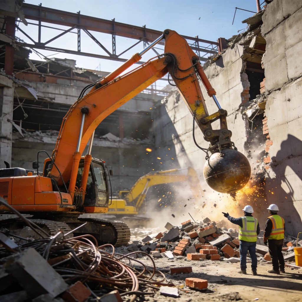 Commercial demolition scene with heavy machinery and workers