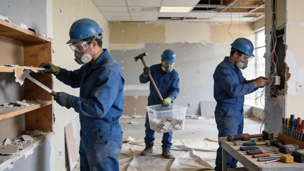Selective demolition workers carefully removing interior structures in a commercial project in Oklahoma City