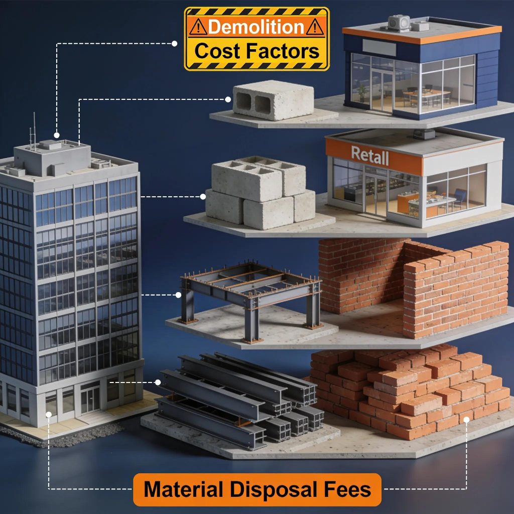 Visual representation of factors influencing commercial demolition pricing