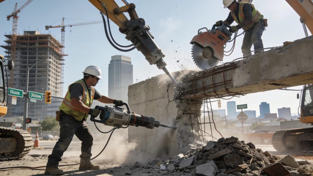 Professional demolition crew using hydraulic jackhammers amidst an urban Oklahoma City backdrop, focusing on concrete removal techniques