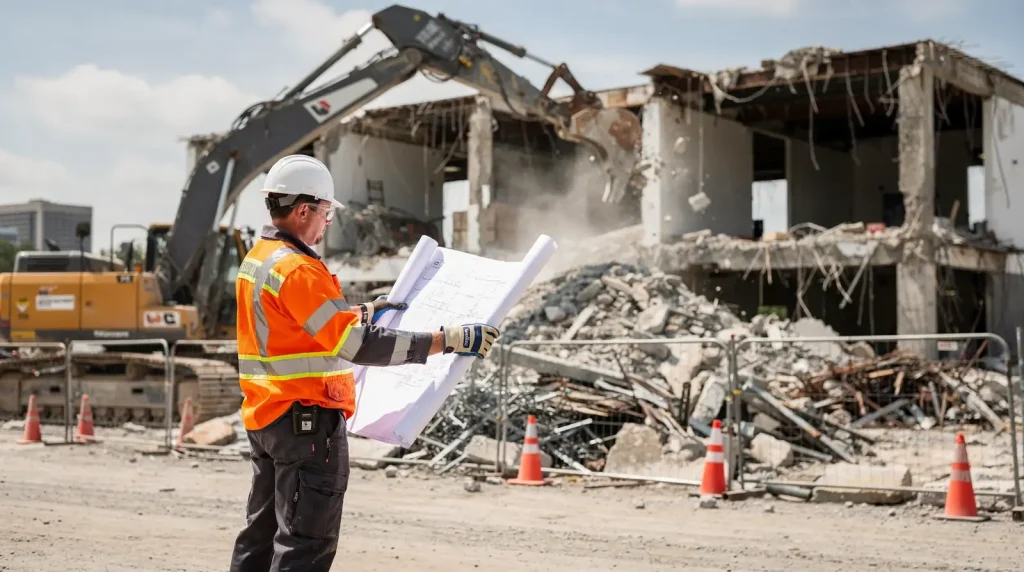 The workflow applies specialized equipment such as robotic demolition units, wire saw systems, diamond cutting